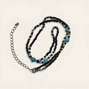 22" Black & Turquoise Blue Beaded Necklace w/ 2.8" ext chain